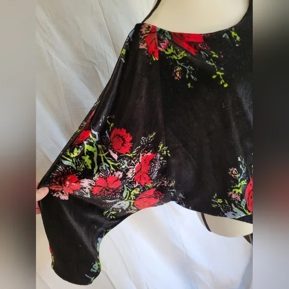 Intimately Free People black floral velour batwing snap bottom bodysuit S
